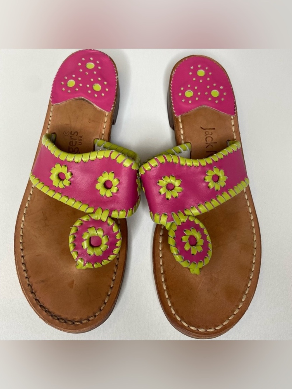 Jack Rogers Size 7 Pink and Lime Green Leather Sandals